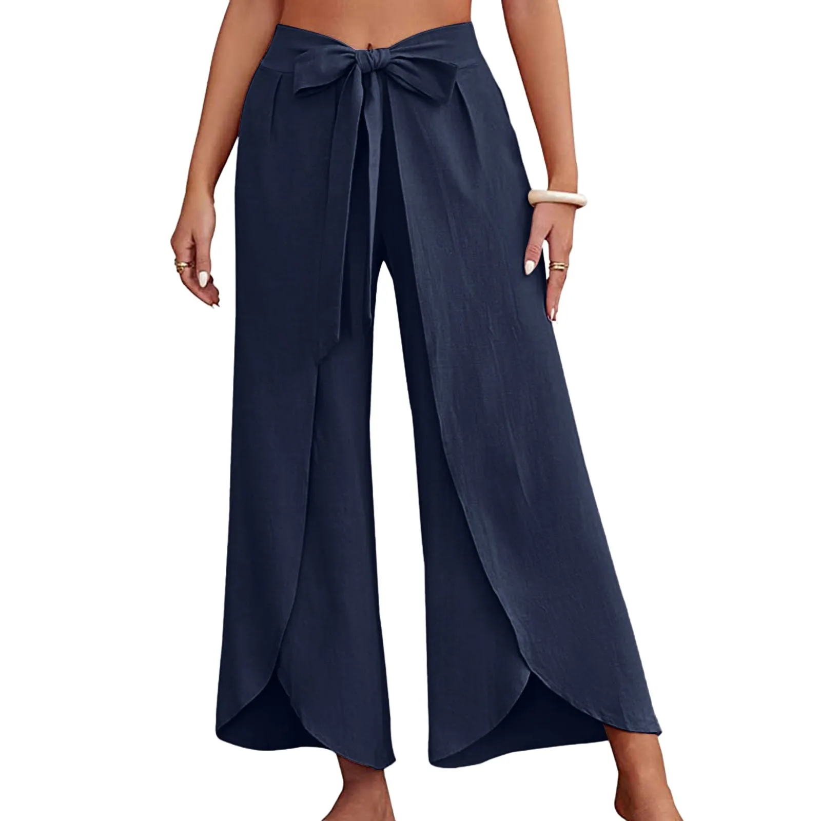 Boho Women High Waisted Palazzo Pants Summer Beach Pants Solid Flowy Trousers Split Lace Up Wide Leg Pants Pantalones De Mujer