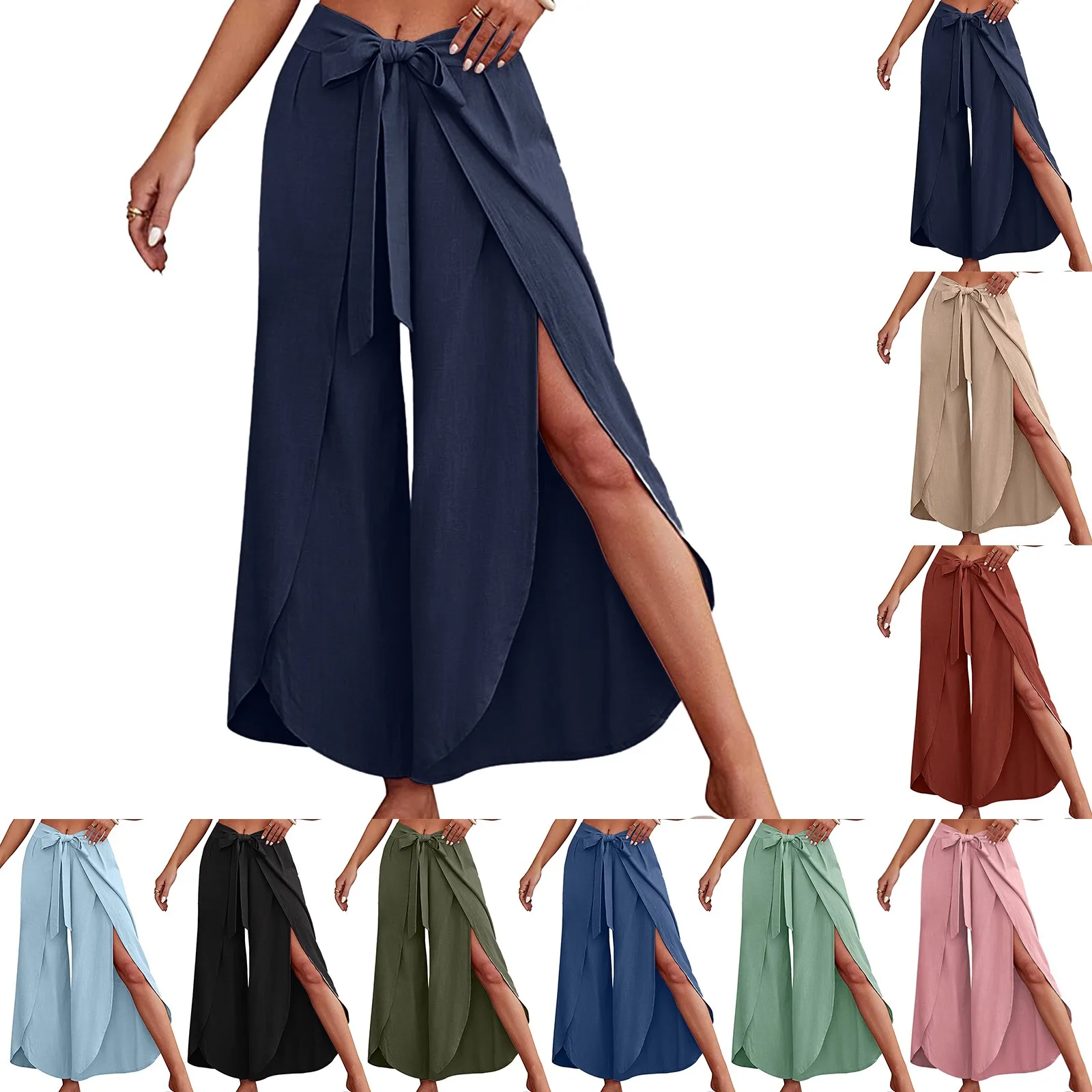 Boho Women High Waisted Palazzo Pants Summer Beach Pants Solid Flowy Trousers Split Lace Up Wide Leg Pants Pantalones De Mujer