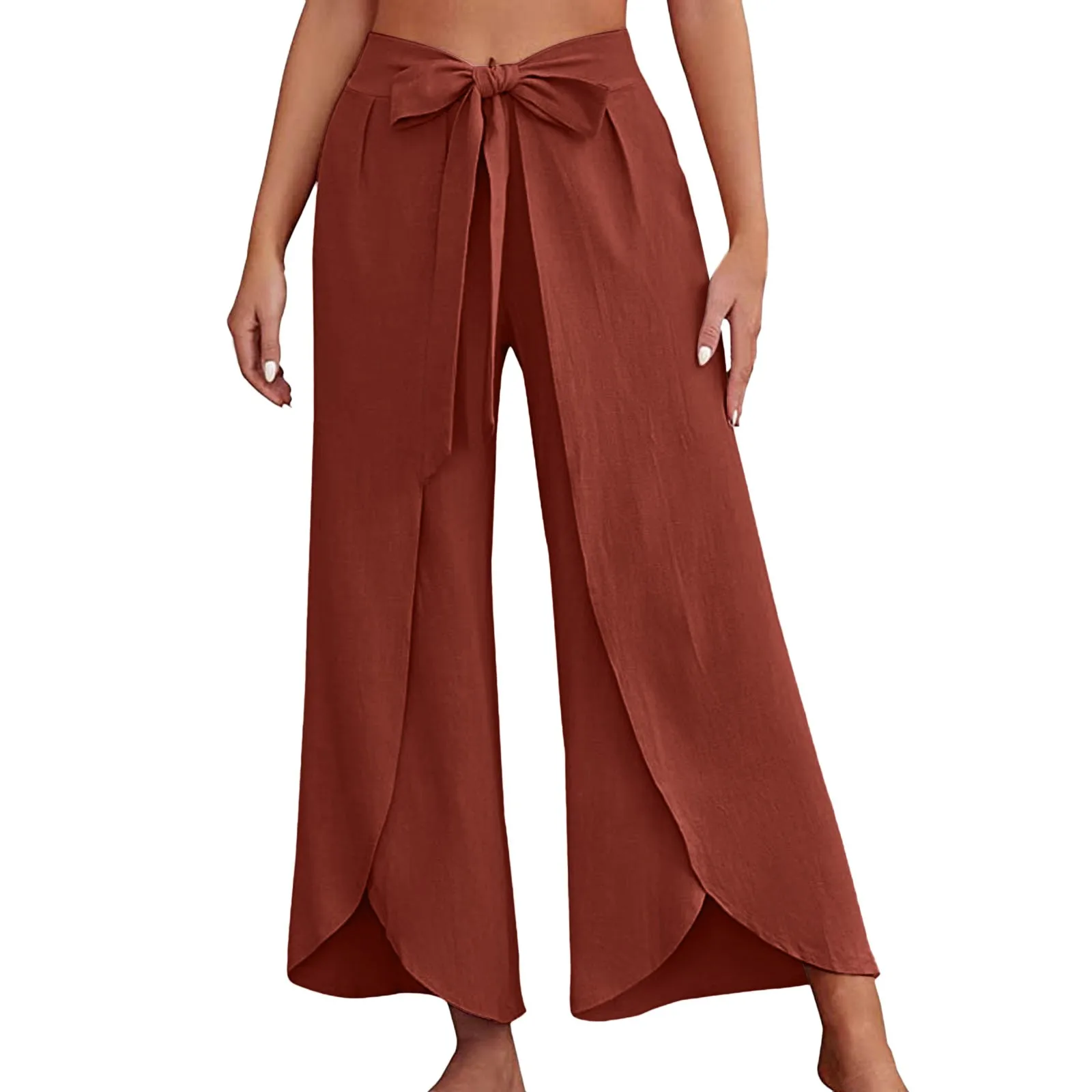 Boho Women High Waisted Palazzo Pants Summer Beach Pants Solid Flowy Trousers Split Lace Up Wide Leg Pants Pantalones De Mujer