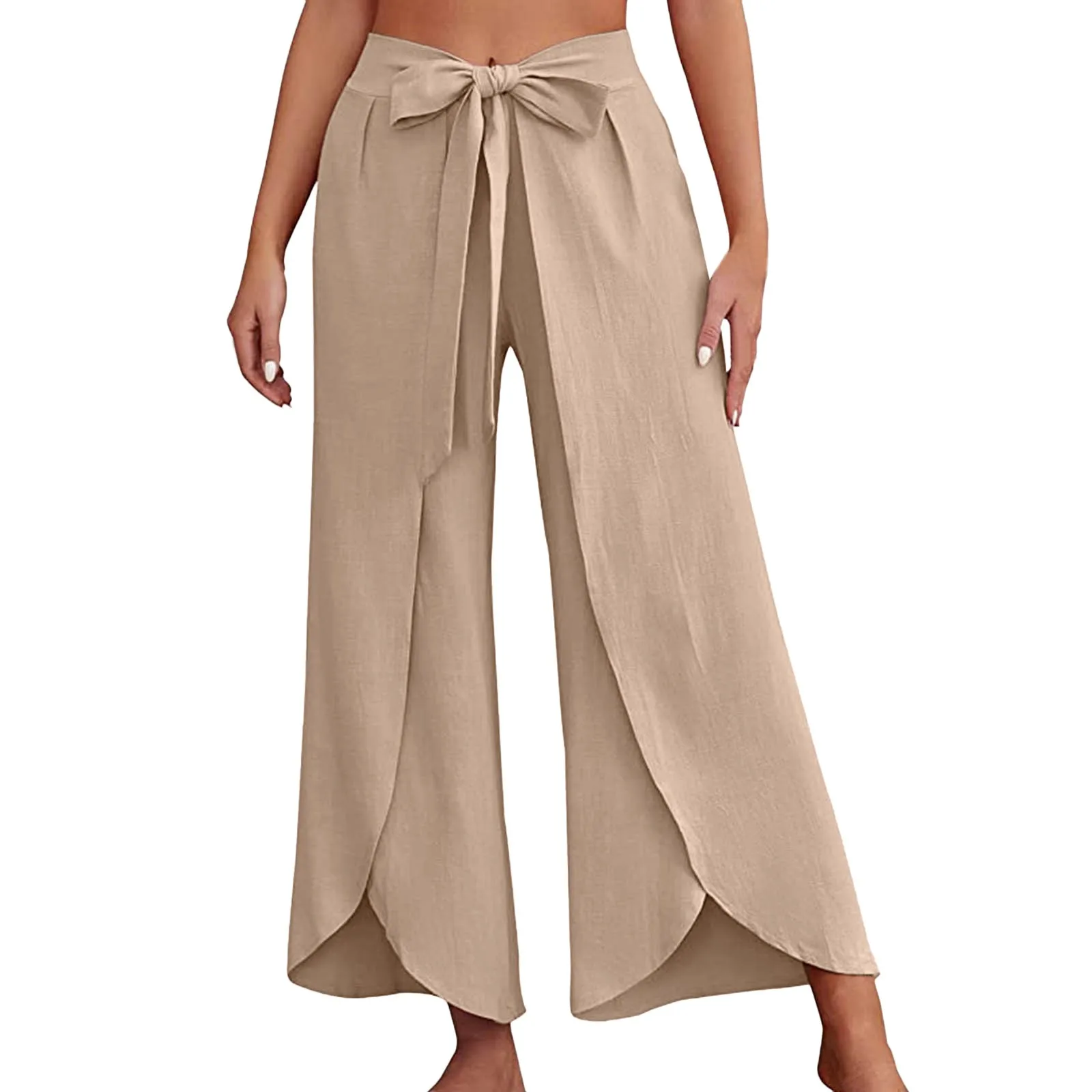 Boho Women High Waisted Palazzo Pants Summer Beach Pants Solid Flowy Trousers Split Lace Up Wide Leg Pants Pantalones De Mujer