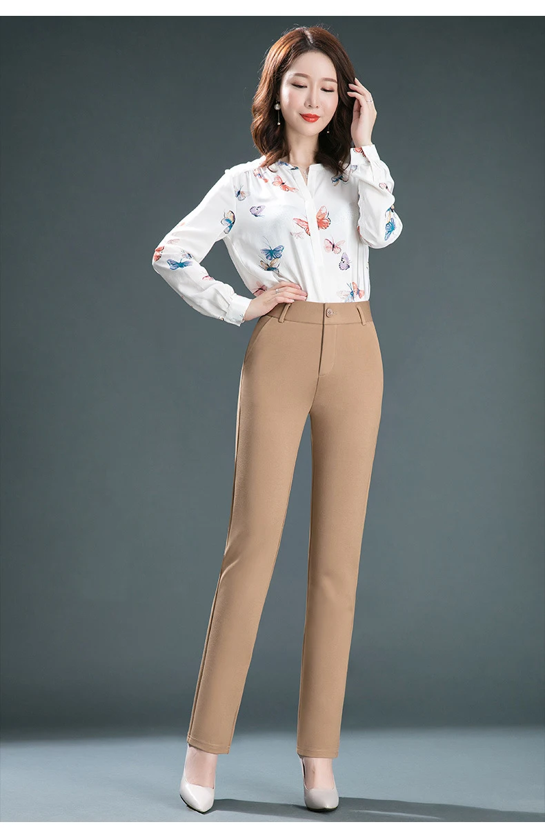 2025 Spring and Autumn Khaki High Waist Straight Baggy Pants Women, Navy Middle-aged Mom Stretch Casual Trousers,Plus Size M-8XL