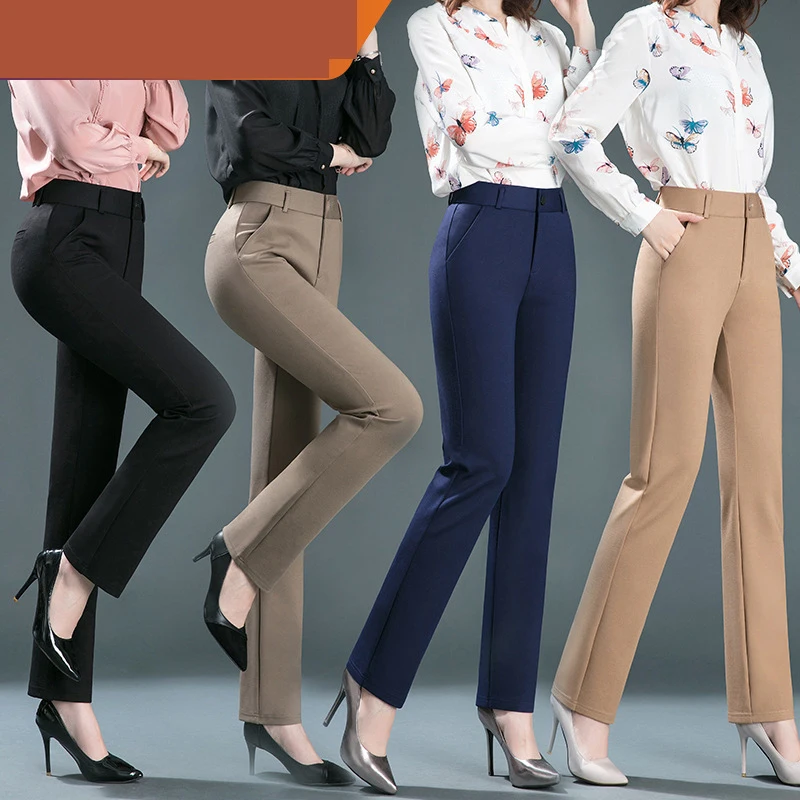 2025 Spring and Autumn Khaki High Waist Straight Baggy Pants Women, Navy Middle-aged Mom Stretch Casual Trousers,Plus Size M-8XL