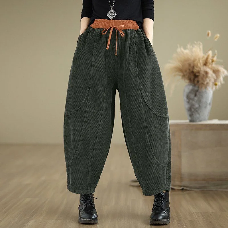 Corduroy Bloomers Women Loose Harlan New Elastic Waist Warm Retro Trousers Autumn Winter Fashion Big Pocket Wide-Leg Pants