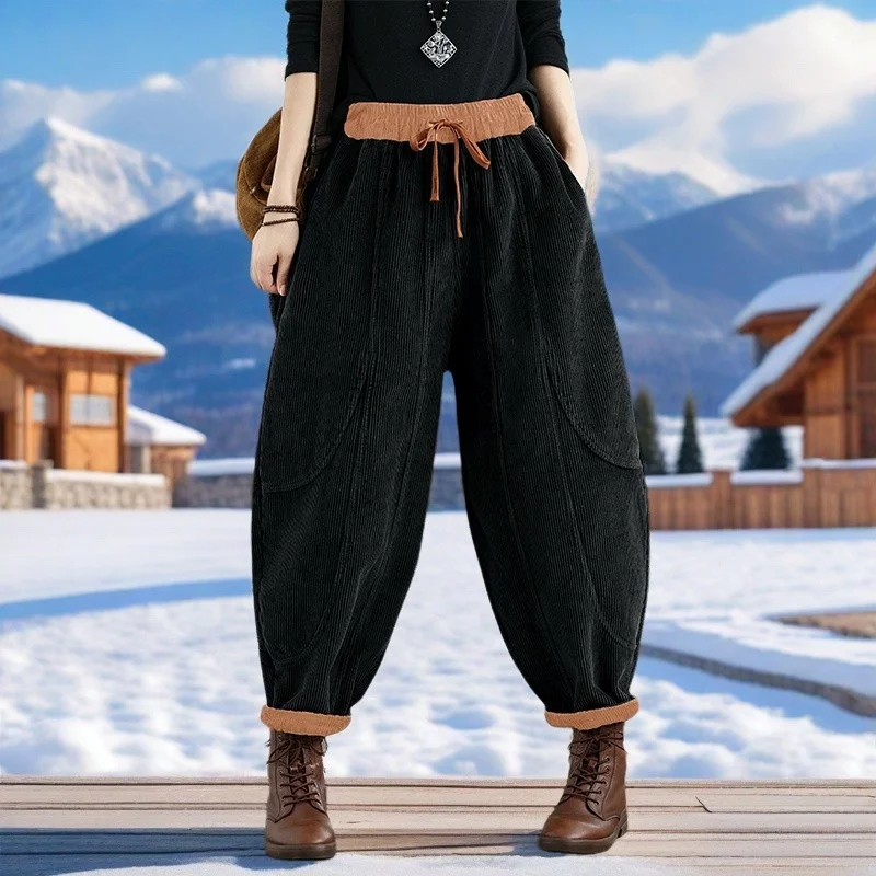 Corduroy Bloomers Women Loose Harlan New Elastic Waist Warm Retro Trousers Autumn Winter Fashion Big Pocket Wide-Leg Pants