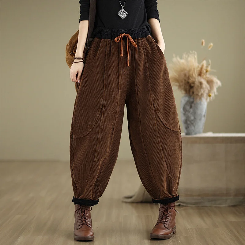 Corduroy Bloomers Women Loose Harlan New Elastic Waist Warm Retro Trousers Autumn Winter Fashion Big Pocket Wide-Leg Pants