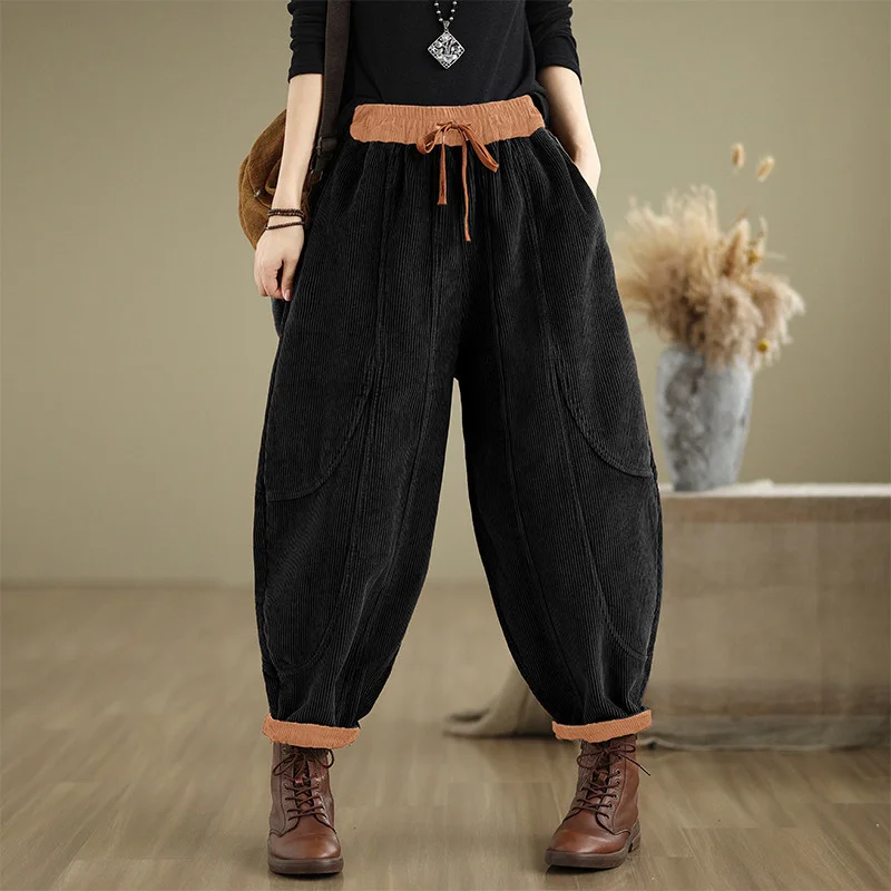 Corduroy Bloomers Women Loose Harlan New Elastic Waist Warm Retro Trousers Autumn Winter Fashion Big Pocket Wide-Leg Pants