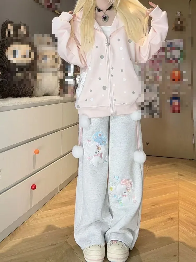 Kimotimo Japanese Cute Puppy Embroidery Lace Spliced Long Pants Women 2025 Autumn Winter Casual Loose Versatile Y2k Streetwear