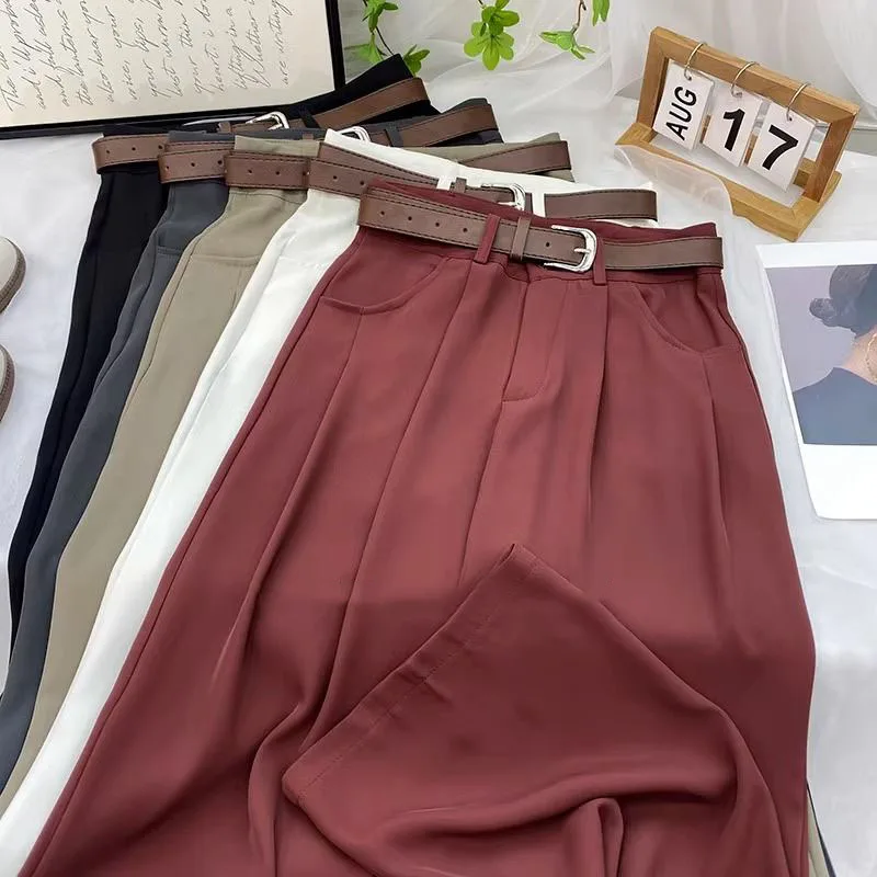 Korean High Waist Belt Wide Leg Pants Women Fall Fashion Solid Suit Trousers Harajuku Baggy Office Lady Casual Straight Pants