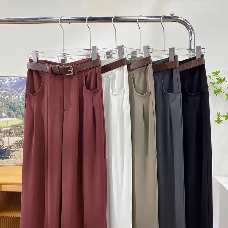 Korean High Waist Belt Wide Leg Pants Women Fall Fashion Solid Suit Trousers Harajuku Baggy Office Lady Casual Straight Pants