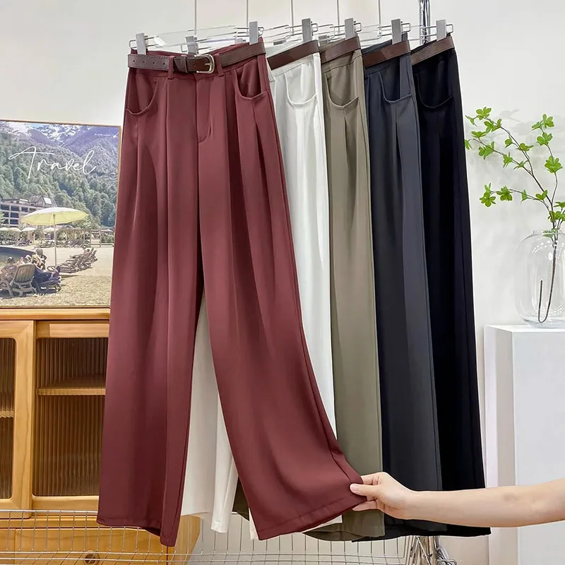 Korean High Waist Belt Wide Leg Pants Women Fall Fashion Solid Suit Trousers Harajuku Baggy Office Lady Casual Straight Pants