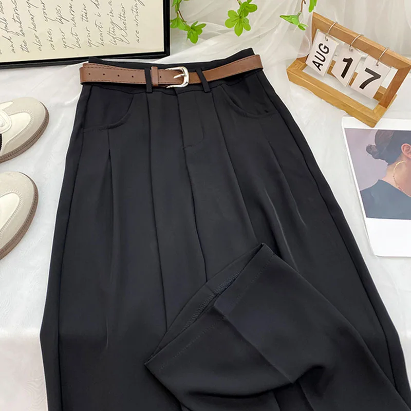 Korean High Waist Belt Wide Leg Pants Women Fall Fashion Solid Suit Trousers Harajuku Baggy Office Lady Casual Straight Pants