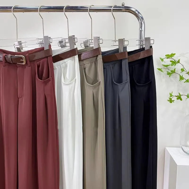 Korean High Waist Belt Wide Leg Pants Women Fall Fashion Solid Suit Trousers Harajuku Baggy Office Lady Casual Straight Pants
