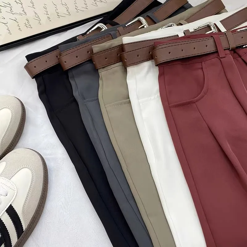 Korean High Waist Belt Wide Leg Pants Women Fall Fashion Solid Suit Trousers Harajuku Baggy Office Lady Casual Straight Pants