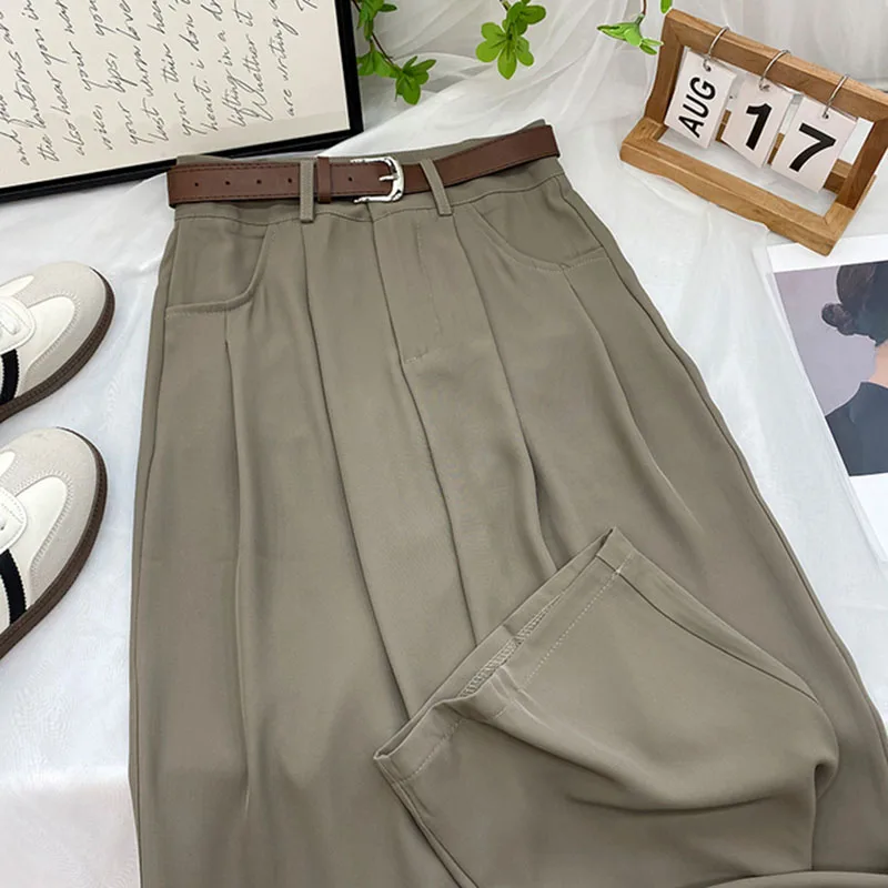 Korean High Waist Belt Wide Leg Pants Women Fall Fashion Solid Suit Trousers Harajuku Baggy Office Lady Casual Straight Pants