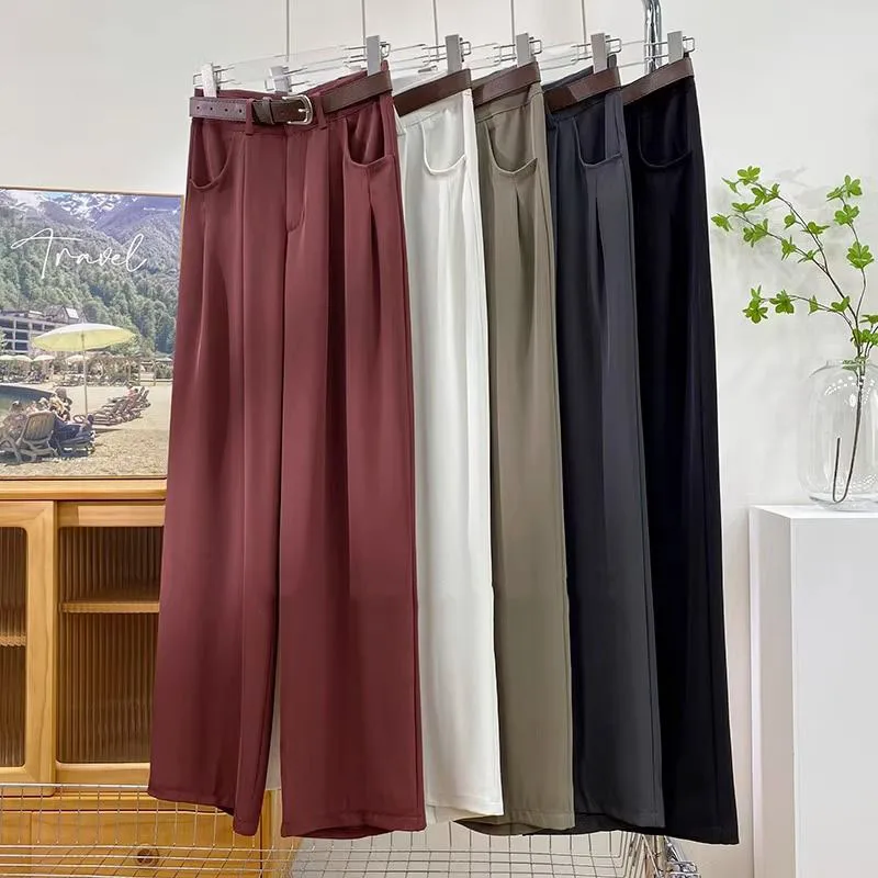 Korean High Waist Belt Wide Leg Pants Women Fall Fashion Solid Suit Trousers Harajuku Baggy Office Lady Casual Straight Pants