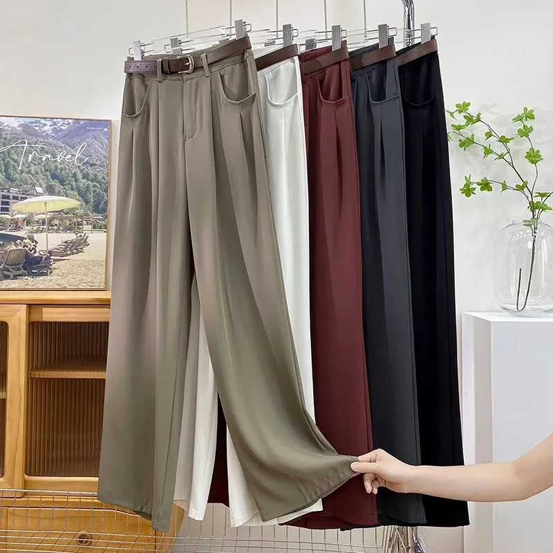 Korean High Waist Belt Wide Leg Pants Women Fall Fashion Solid Suit Trousers Harajuku Baggy Office Lady Casual Straight Pants