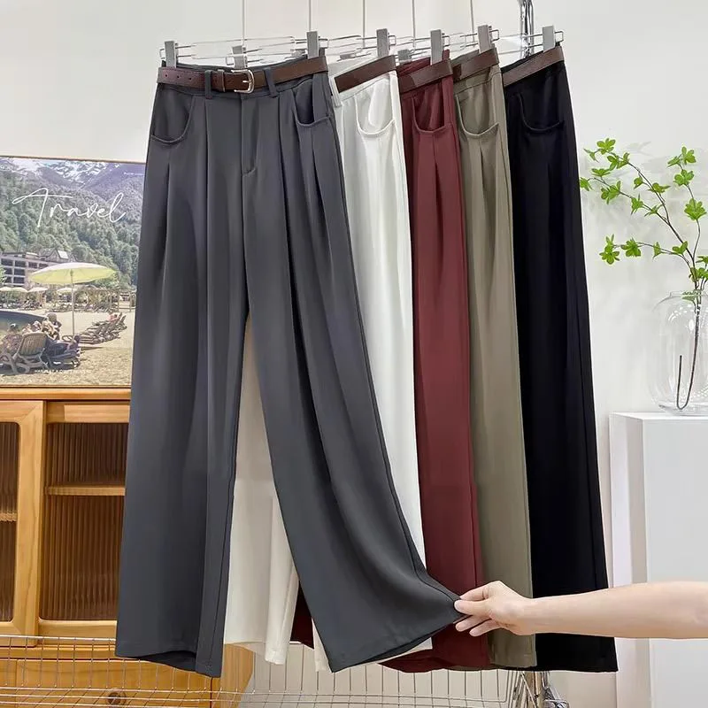 Korean High Waist Belt Wide Leg Pants Women Fall Fashion Solid Suit Trousers Harajuku Baggy Office Lady Casual Straight Pants