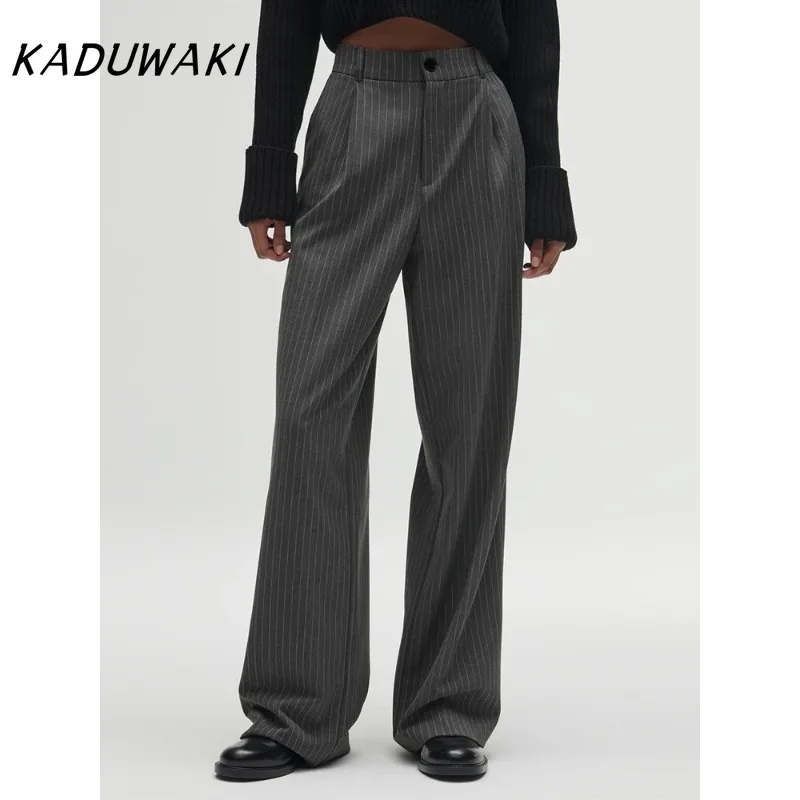 KADUWAKI Women's Fashion High Waist Striped Straight Leg Pants Vintage Zipper Loose Solid Color Pants Office Casual Women's Pant
