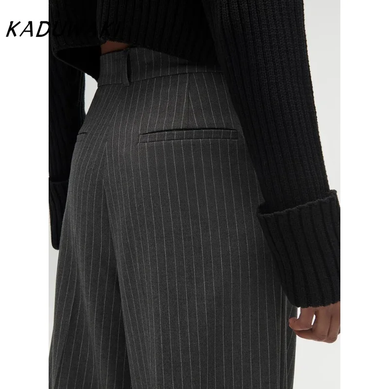 KADUWAKI Women's Fashion High Waist Striped Straight Leg Pants Vintage Zipper Loose Solid Color Pants Office Casual Women's Pant