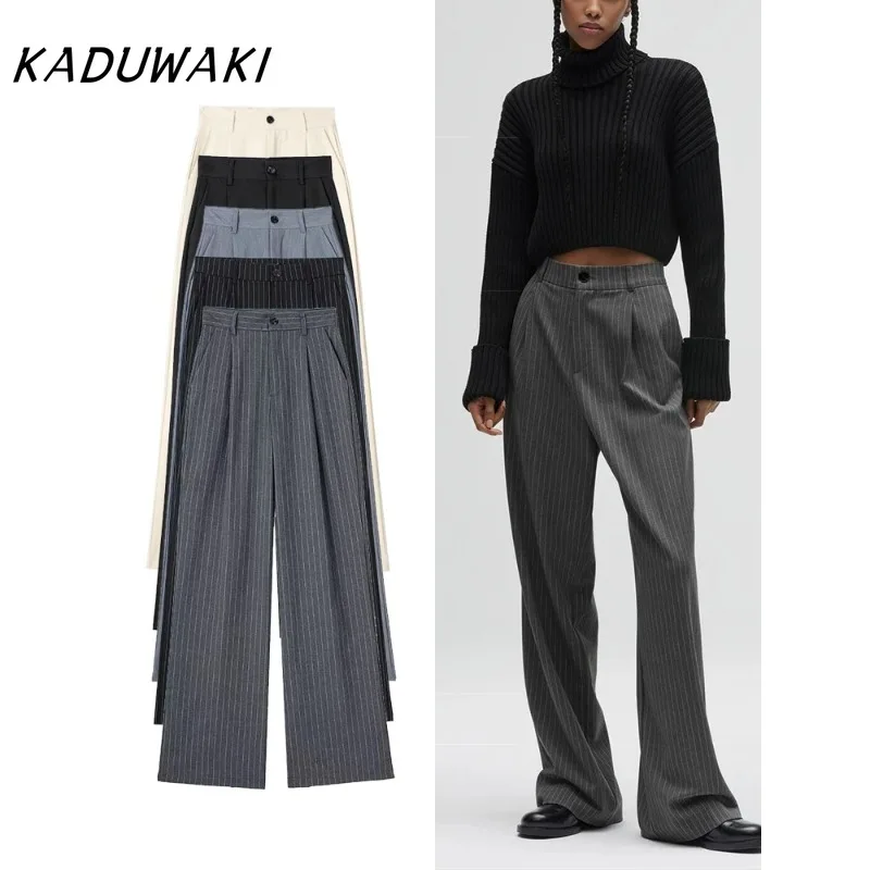 KADUWAKI Women's Fashion High Waist Striped Straight Leg Pants Vintage Zipper Loose Solid Color Pants Office Casual Women's Pant