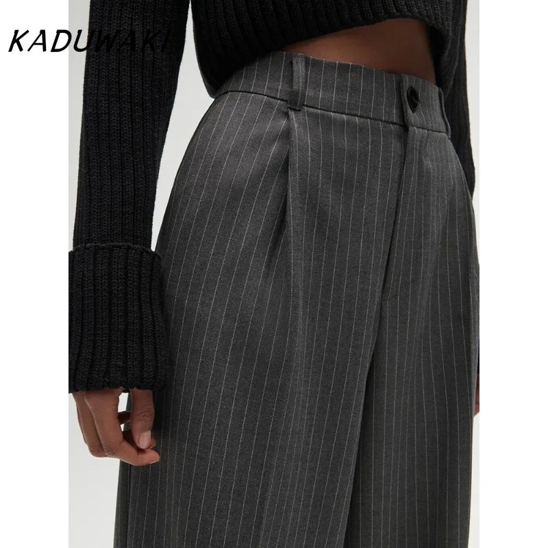 KADUWAKI Women's Fashion High Waist Striped Straight Leg Pants Vintage Zipper Loose Solid Color Pants Office Casual Women's Pant