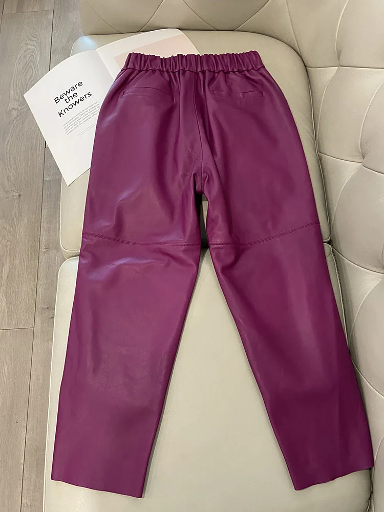 Women Pants Real Leather Pants Women Leather Tousers High Waist Harem Pants 2025 New Elastic Waist Streetwear Pants