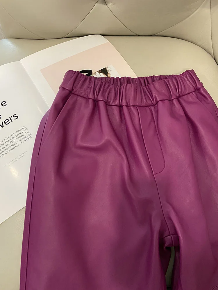 Women Pants Real Leather Pants Women Leather Tousers High Waist Harem Pants 2025 New Elastic Waist Streetwear Pants