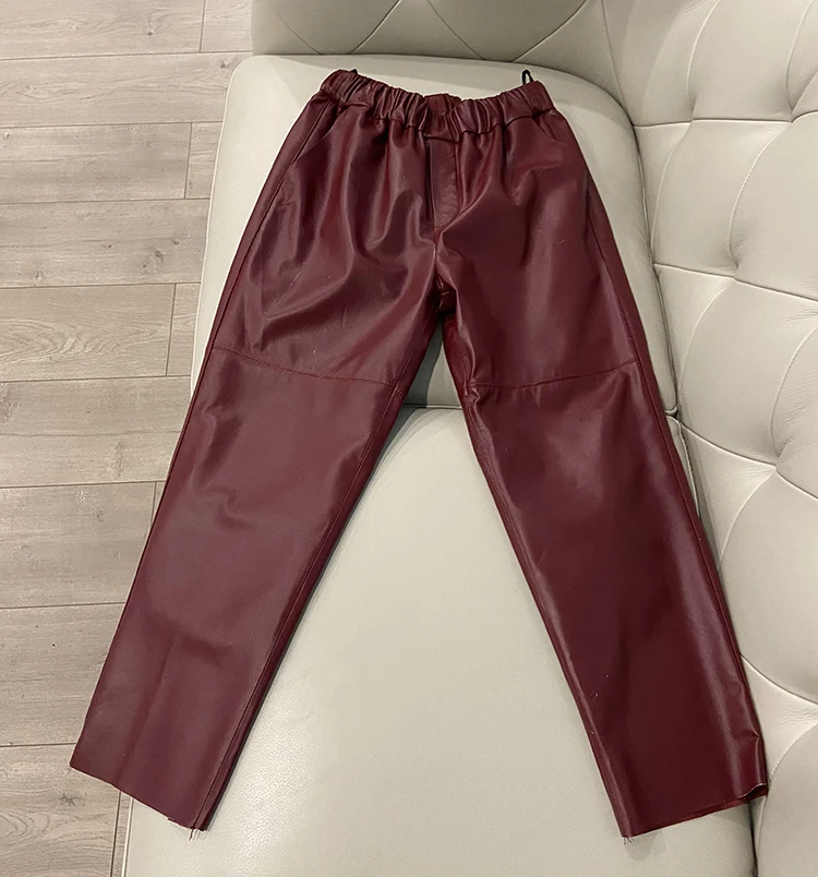 Women Pants Real Leather Pants Women Leather Tousers High Waist Harem Pants 2025 New Elastic Waist Streetwear Pants