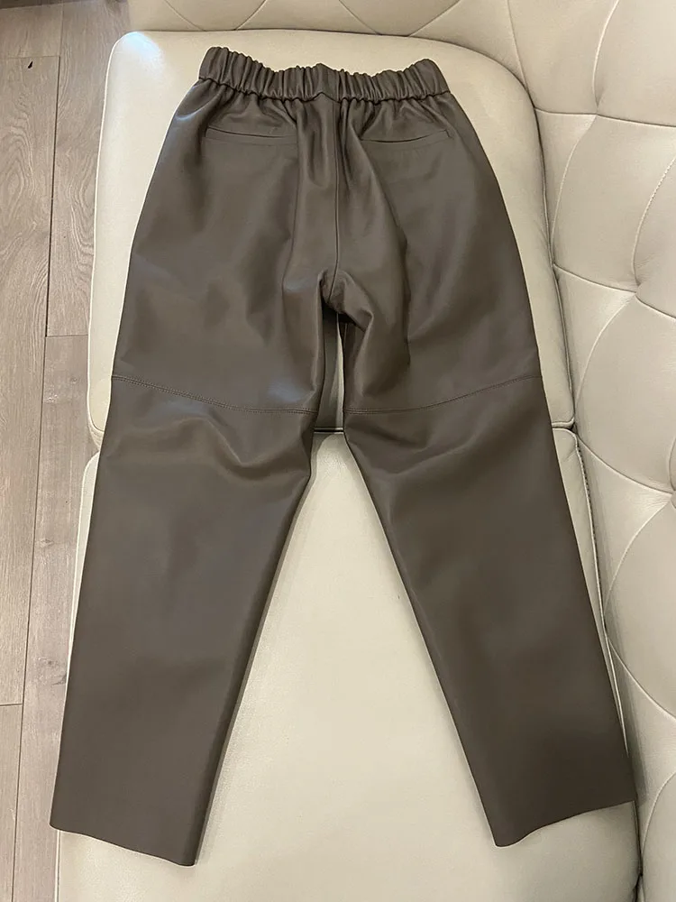 Women Pants Real Leather Pants Women Leather Tousers High Waist Harem Pants 2025 New Elastic Waist Streetwear Pants
