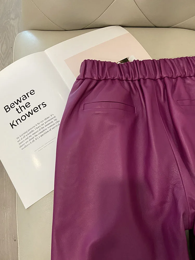 Women Pants Real Leather Pants Women Leather Tousers High Waist Harem Pants 2025 New Elastic Waist Streetwear Pants