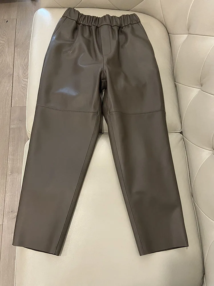 Women Pants Real Leather Pants Women Leather Tousers High Waist Harem Pants 2025 New Elastic Waist Streetwear Pants