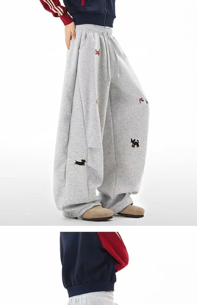 Unisex Men Women Western Style Straight Leg Trousers Cute Dog Embroidery Loose Wide Leg Soft Breathable Spring Autumn Daily Hip