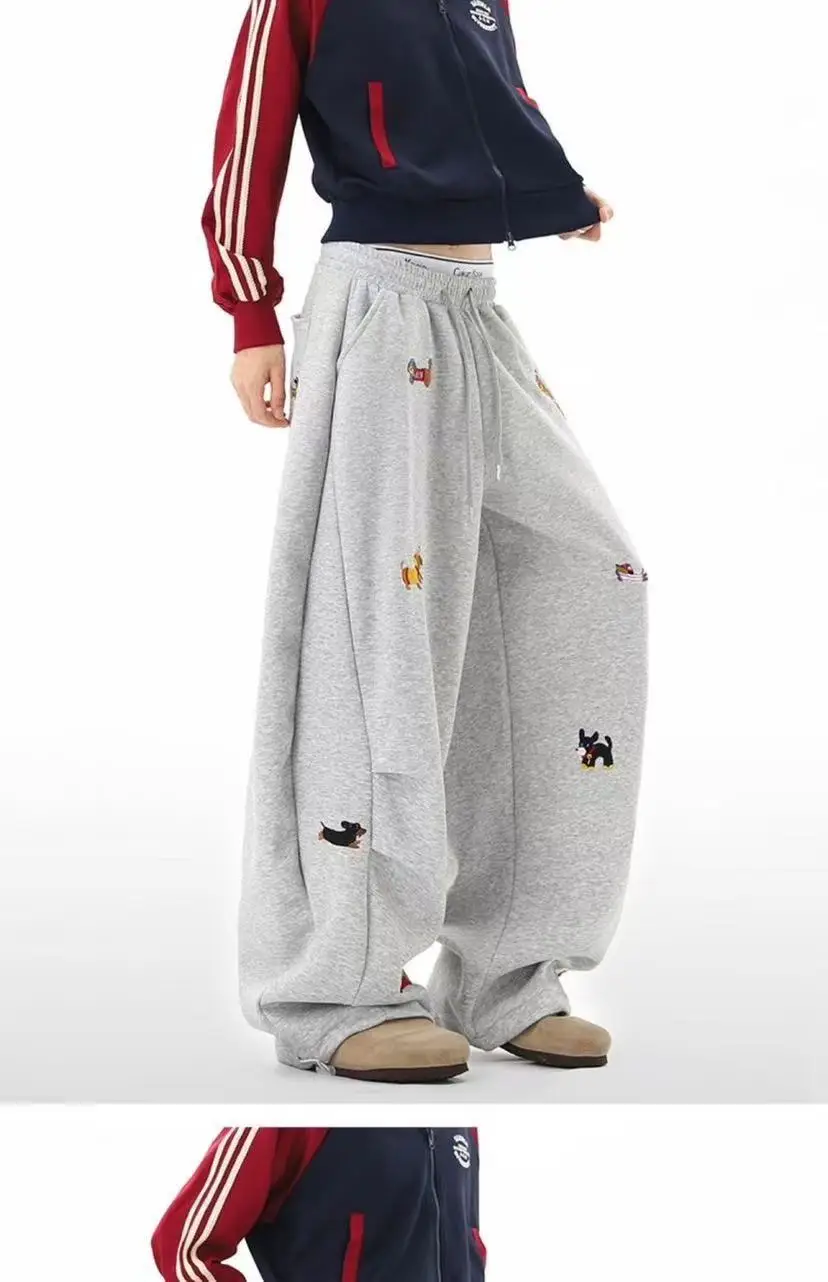 Unisex Men Women Western Style Straight Leg Trousers Cute Dog Embroidery Loose Wide Leg Soft Breathable Spring Autumn Daily Hip