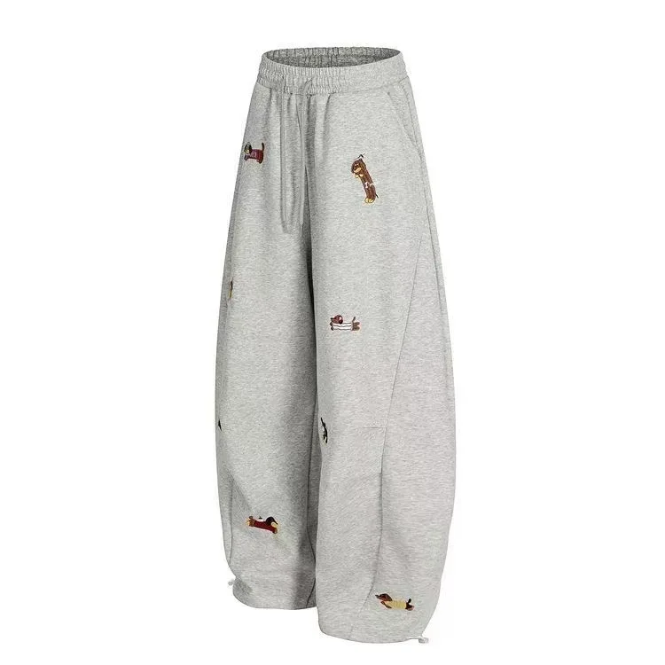 Unisex Men Women Western Style Straight Leg Trousers Cute Dog Embroidery Loose Wide Leg Soft Breathable Spring Autumn Daily Hip