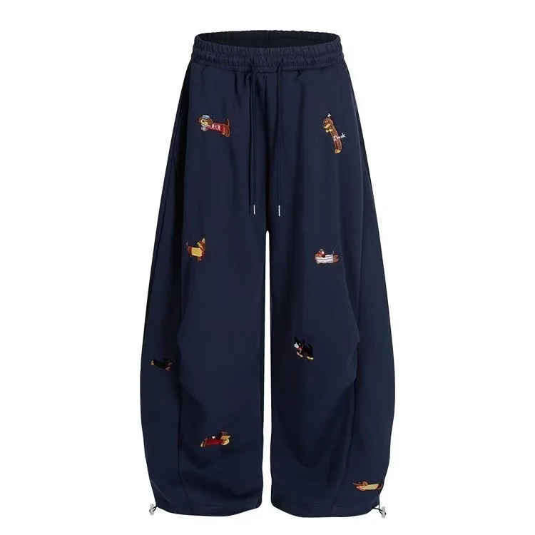 Unisex Men Women Western Style Straight Leg Trousers Cute Dog Embroidery Loose Wide Leg Soft Breathable Spring Autumn Daily Hip