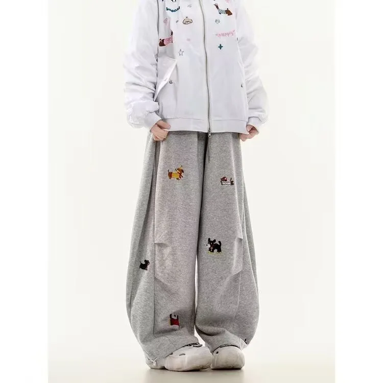 Unisex Men Women Western Style Straight Leg Trousers Cute Dog Embroidery Loose Wide Leg Soft Breathable Spring Autumn Daily Hip