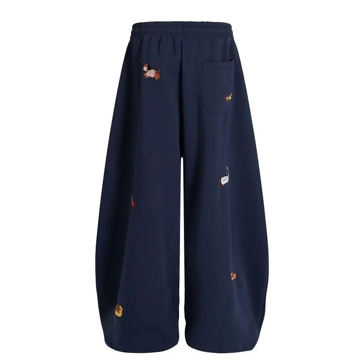 Unisex Men Women Western Style Straight Leg Trousers Cute Dog Embroidery Loose Wide Leg Soft Breathable Spring Autumn Daily Hip