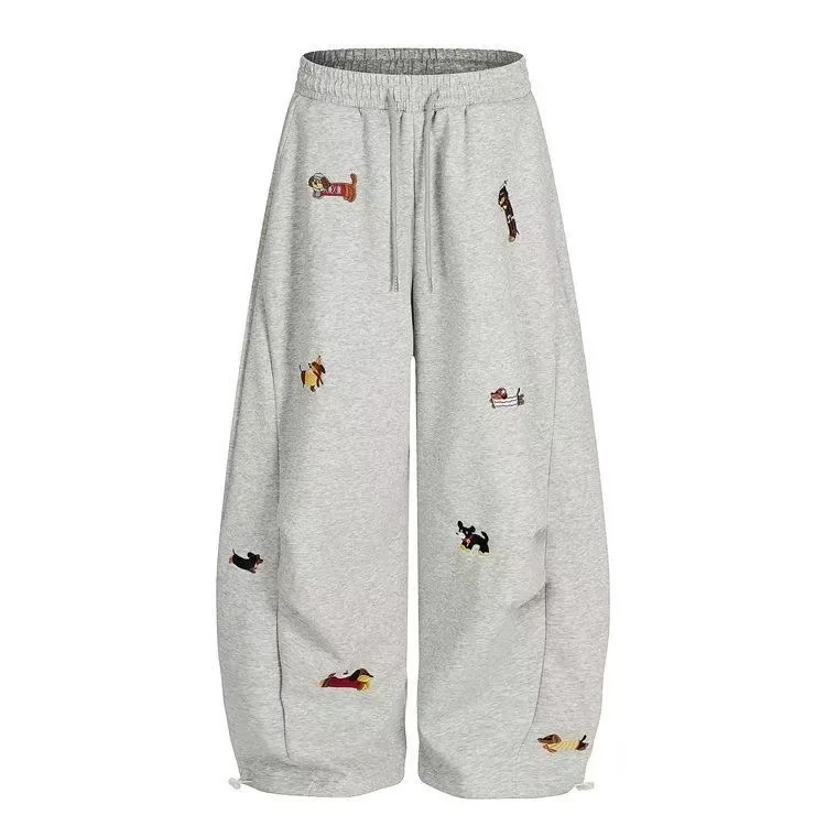 Unisex Men Women Western Style Straight Leg Trousers Cute Dog Embroidery Loose Wide Leg Soft Breathable Spring Autumn Daily Hip