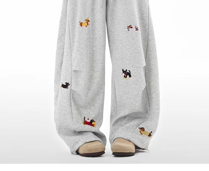 Unisex Men Women Western Style Straight Leg Trousers Cute Dog Embroidery Loose Wide Leg Soft Breathable Spring Autumn Daily Hip