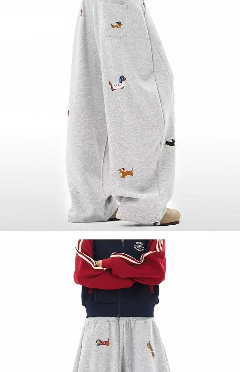 Unisex Men Women Western Style Straight Leg Trousers Cute Dog Embroidery Loose Wide Leg Soft Breathable Spring Autumn Daily Hip