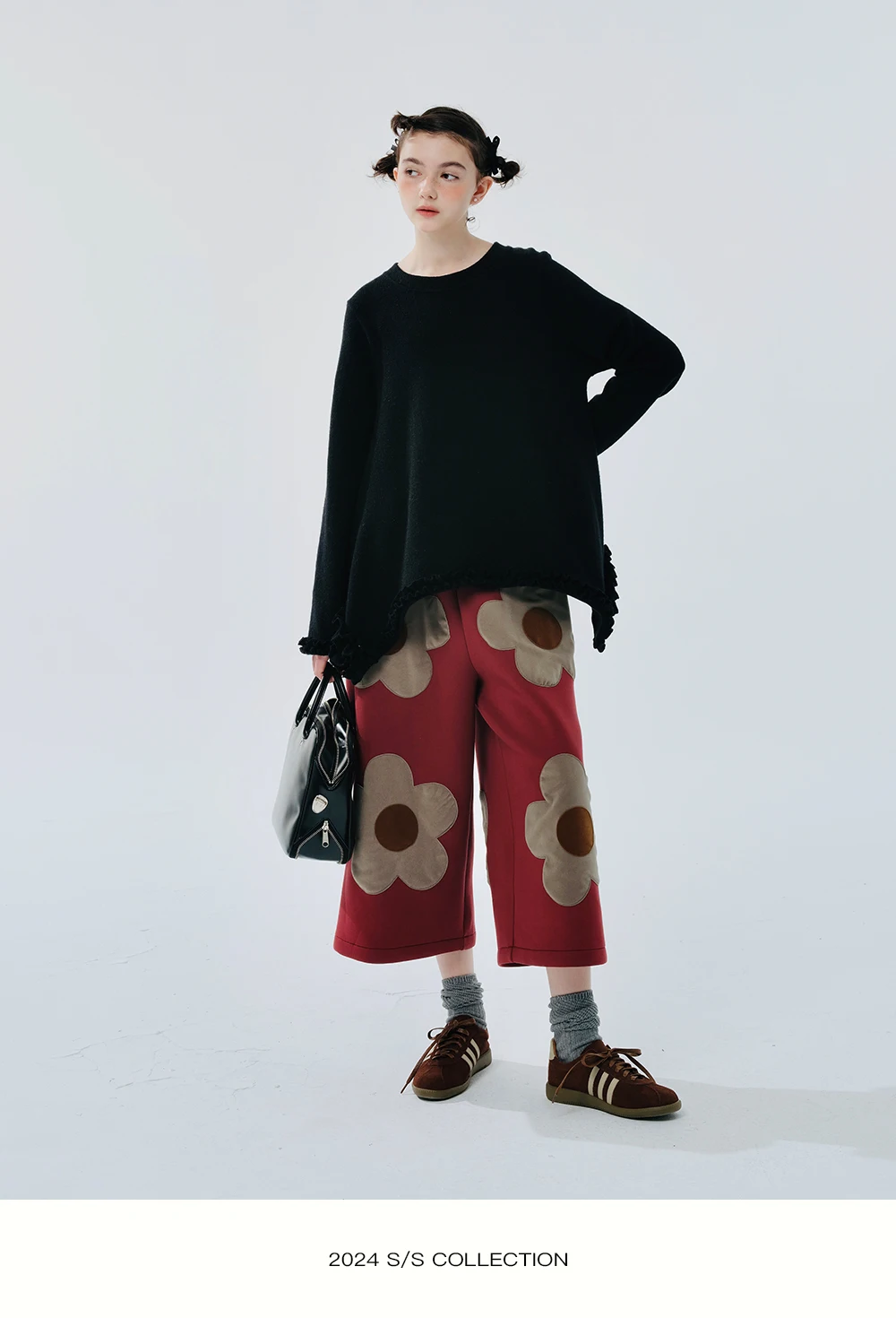 imakokoni Black Floral Applique Wide Leg Straight Cropped Pants Women's Pants Casual Female Clothing for Women