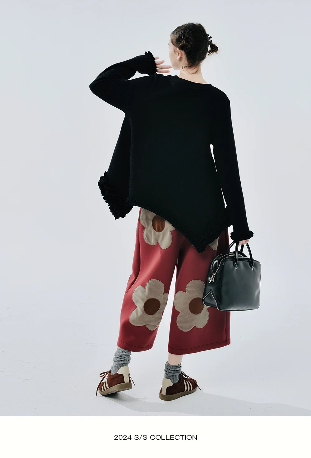 imakokoni Black Floral Applique Wide Leg Straight Cropped Pants Women's Pants Casual Female Clothing for Women