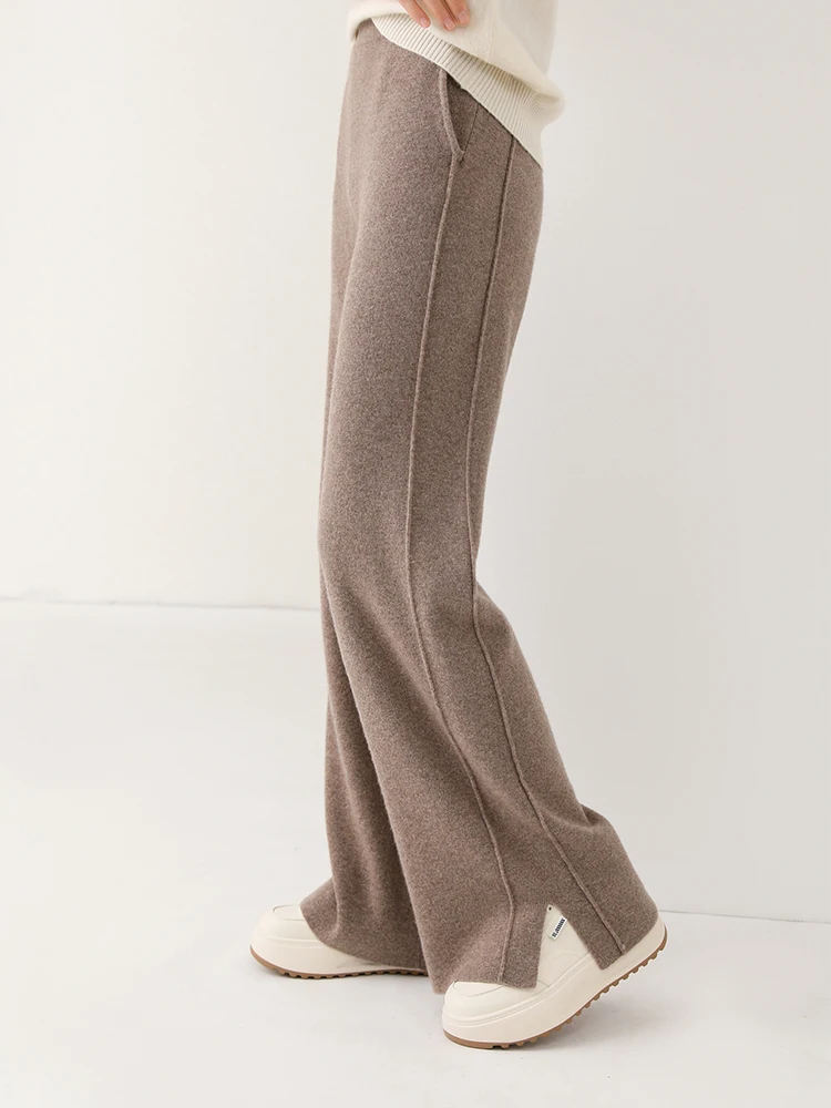 Women Wool Wide Leg Trousers Elastic Waist Side Slit Woman Wool Pants Autumn Winter 100% Merino Wool Knitted Soft Warm Trousers