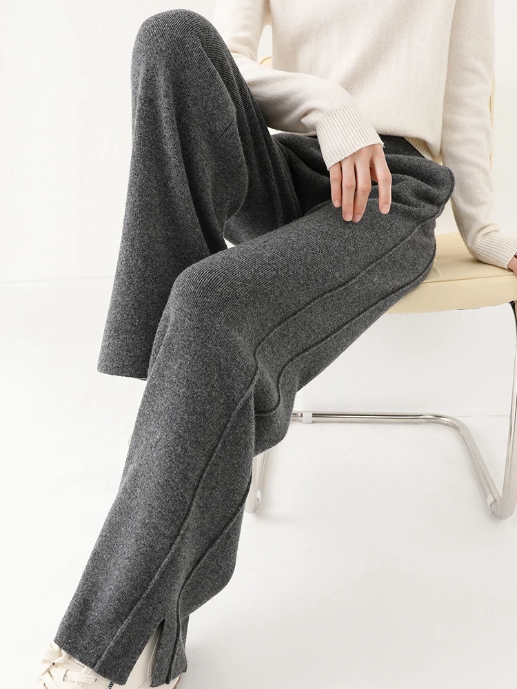 Women Wool Wide Leg Trousers Elastic Waist Side Slit Woman Wool Pants Autumn Winter 100% Merino Wool Knitted Soft Warm Trousers