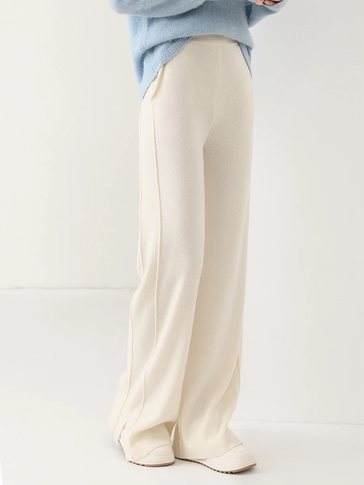 Women Wool Wide Leg Trousers Elastic Waist Side Slit Woman Wool Pants Autumn Winter 100% Merino Wool Knitted Soft Warm Trousers