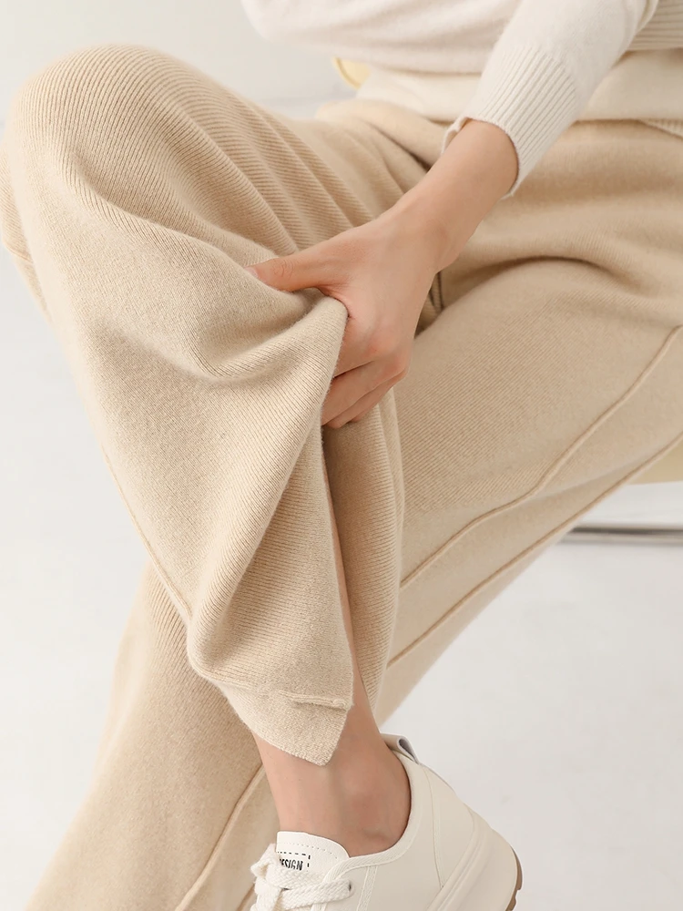Women Wool Wide Leg Trousers Elastic Waist Side Slit Woman Wool Pants Autumn Winter 100% Merino Wool Knitted Soft Warm Trousers