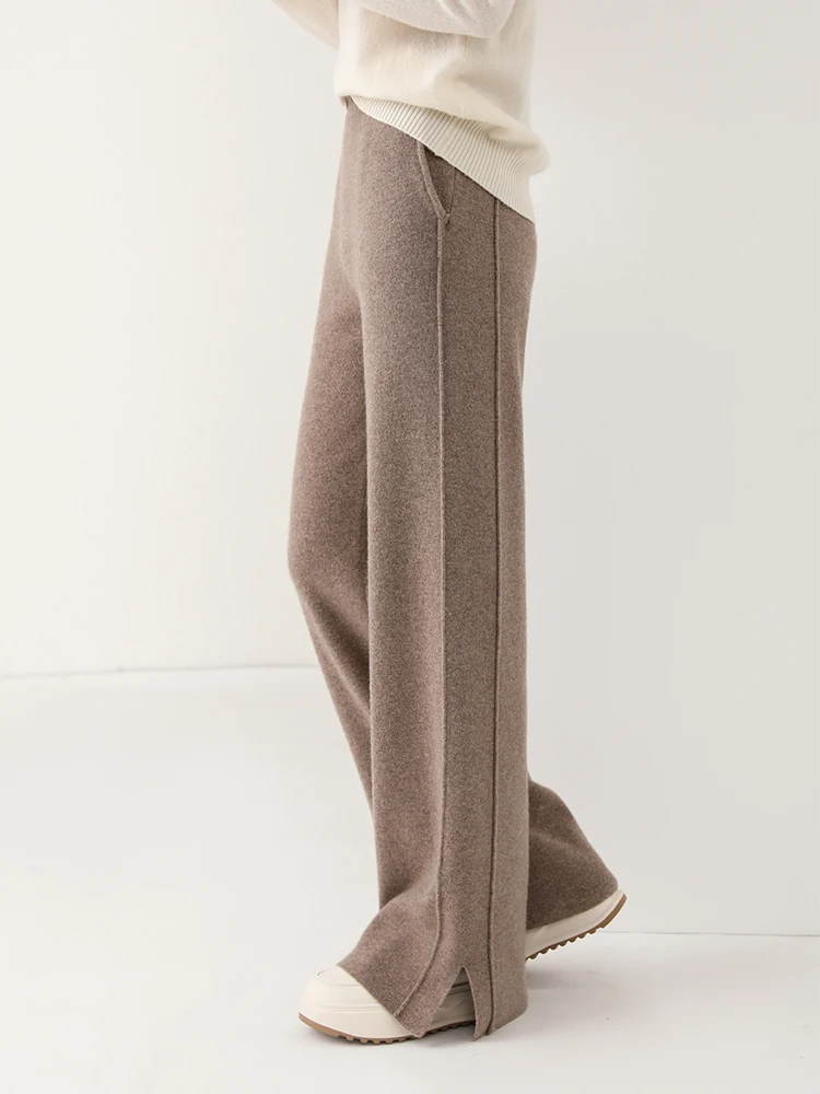 Women Wool Wide Leg Trousers Elastic Waist Side Slit Woman Wool Pants Autumn Winter 100% Merino Wool Knitted Soft Warm Trousers