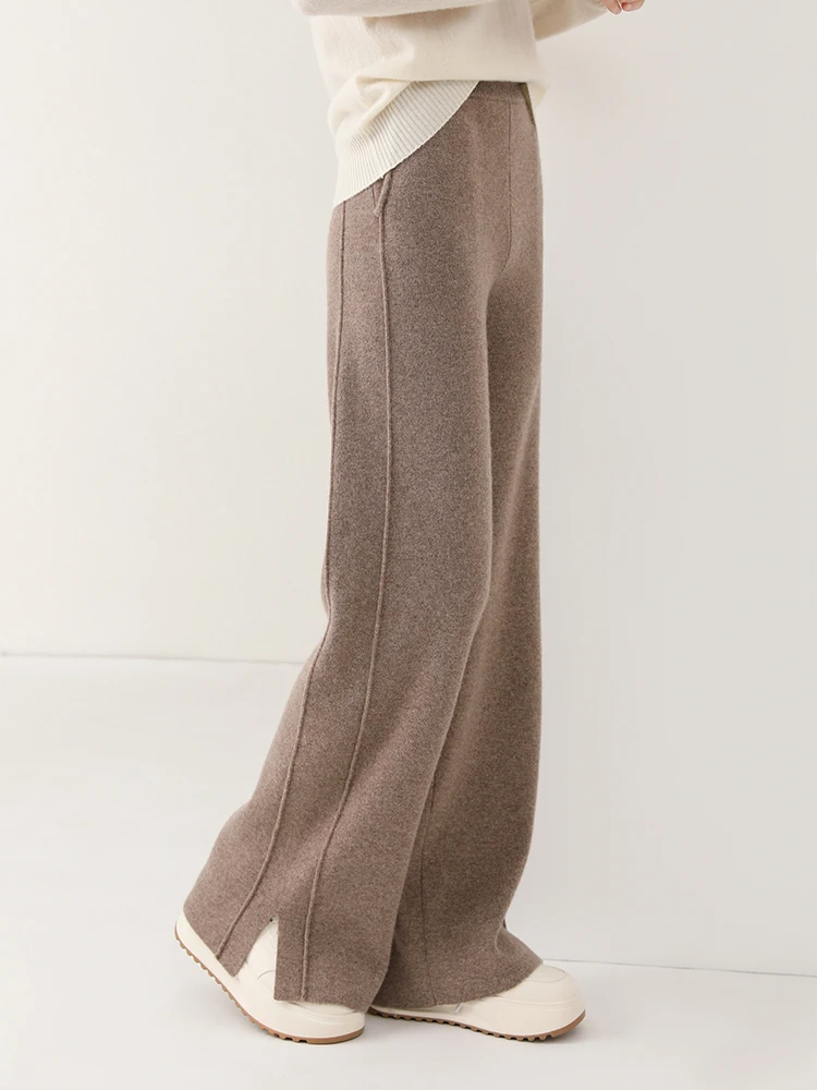 Women Wool Wide Leg Trousers Elastic Waist Side Slit Woman Wool Pants Autumn Winter 100% Merino Wool Knitted Soft Warm Trousers