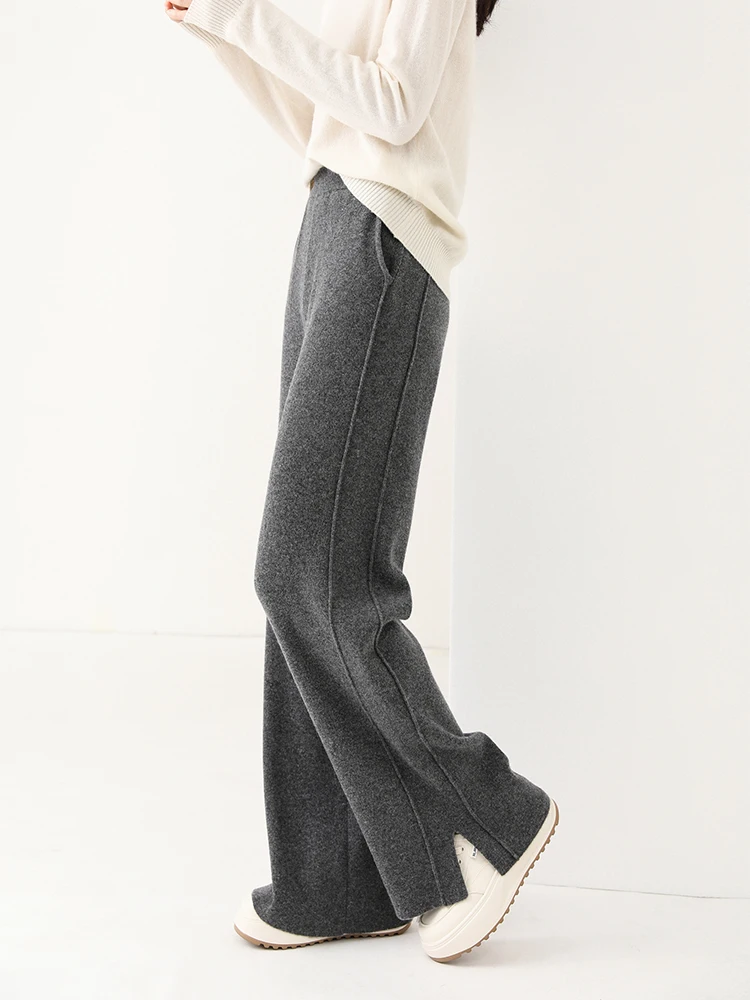 Women Wool Wide Leg Trousers Elastic Waist Side Slit Woman Wool Pants Autumn Winter 100% Merino Wool Knitted Soft Warm Trousers