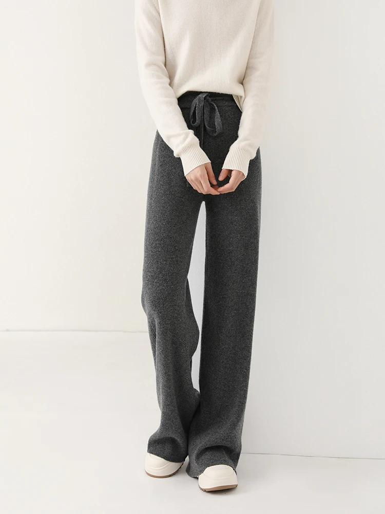 Women Wool Wide Leg Trousers Elastic Waist Side Slit Woman Wool Pants Autumn Winter 100% Merino Wool Knitted Soft Warm Trousers